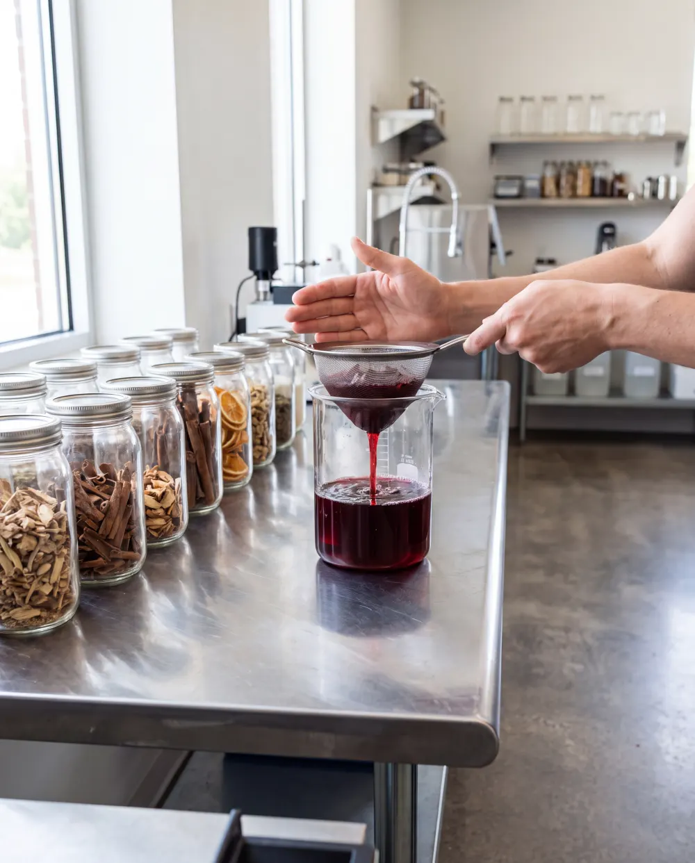 Straining a deep-red bitter aperitif beside jars of botanicals
