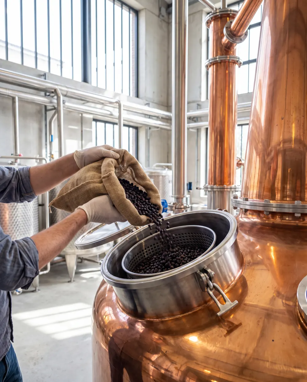Hand adding juniper and botanicals to a copper gin still