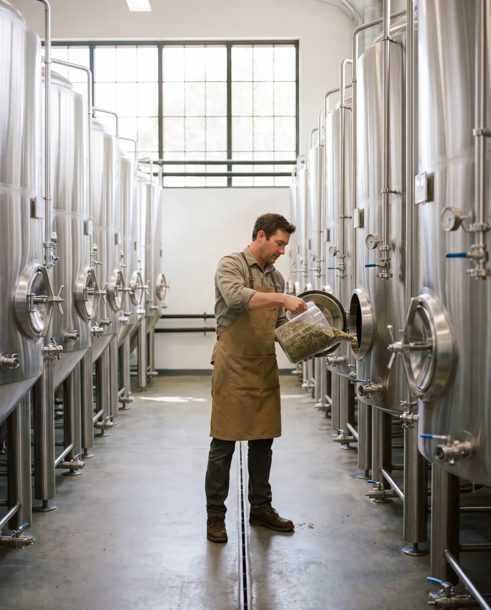 Winemaker adding botanicals to steel tanks to make vermouth