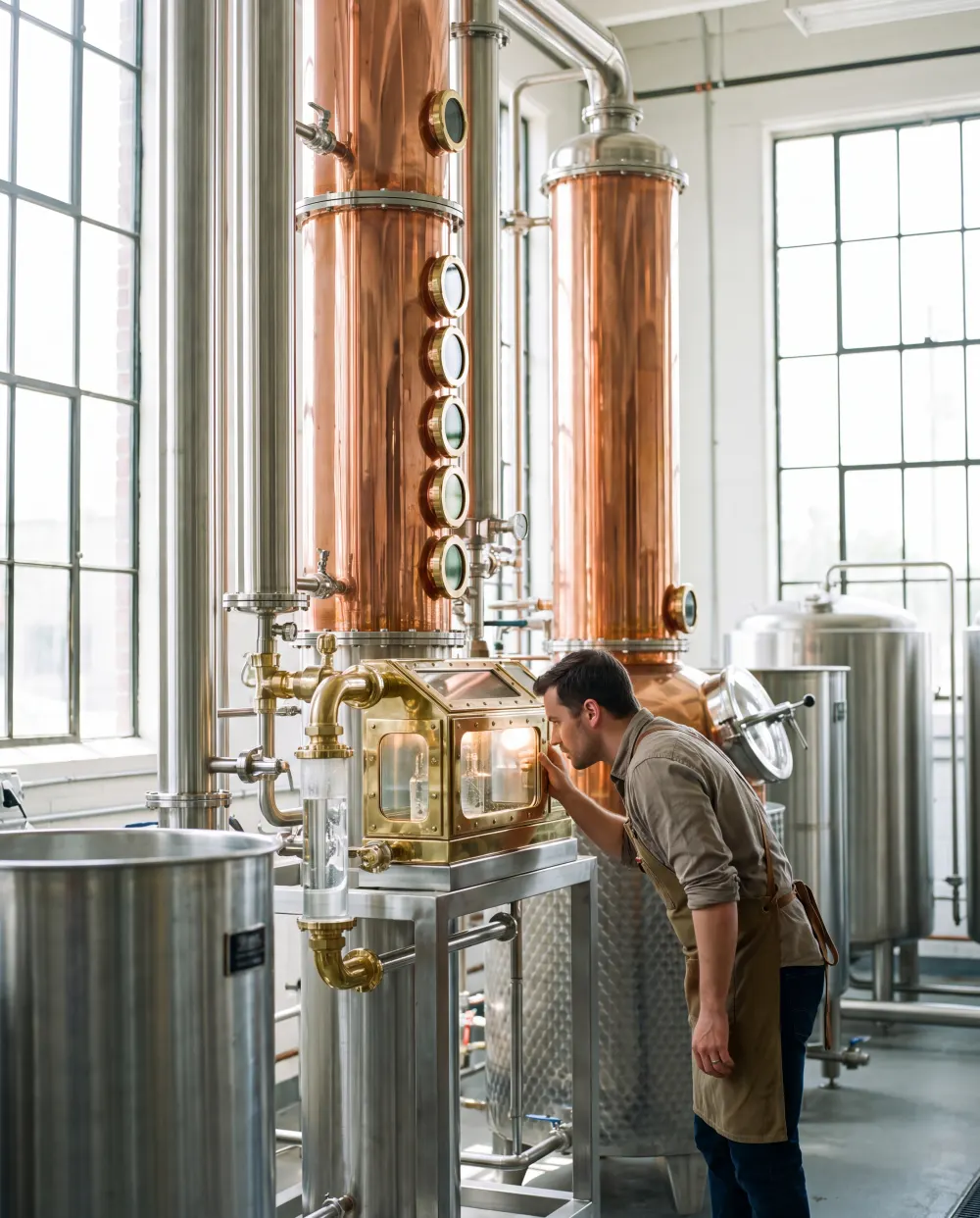Distiller tending a traditional copper column still for vodka
